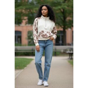 BKE Youth Cow Print Cropped 1/4 Zip Pullover Fleece Cream Brown XL